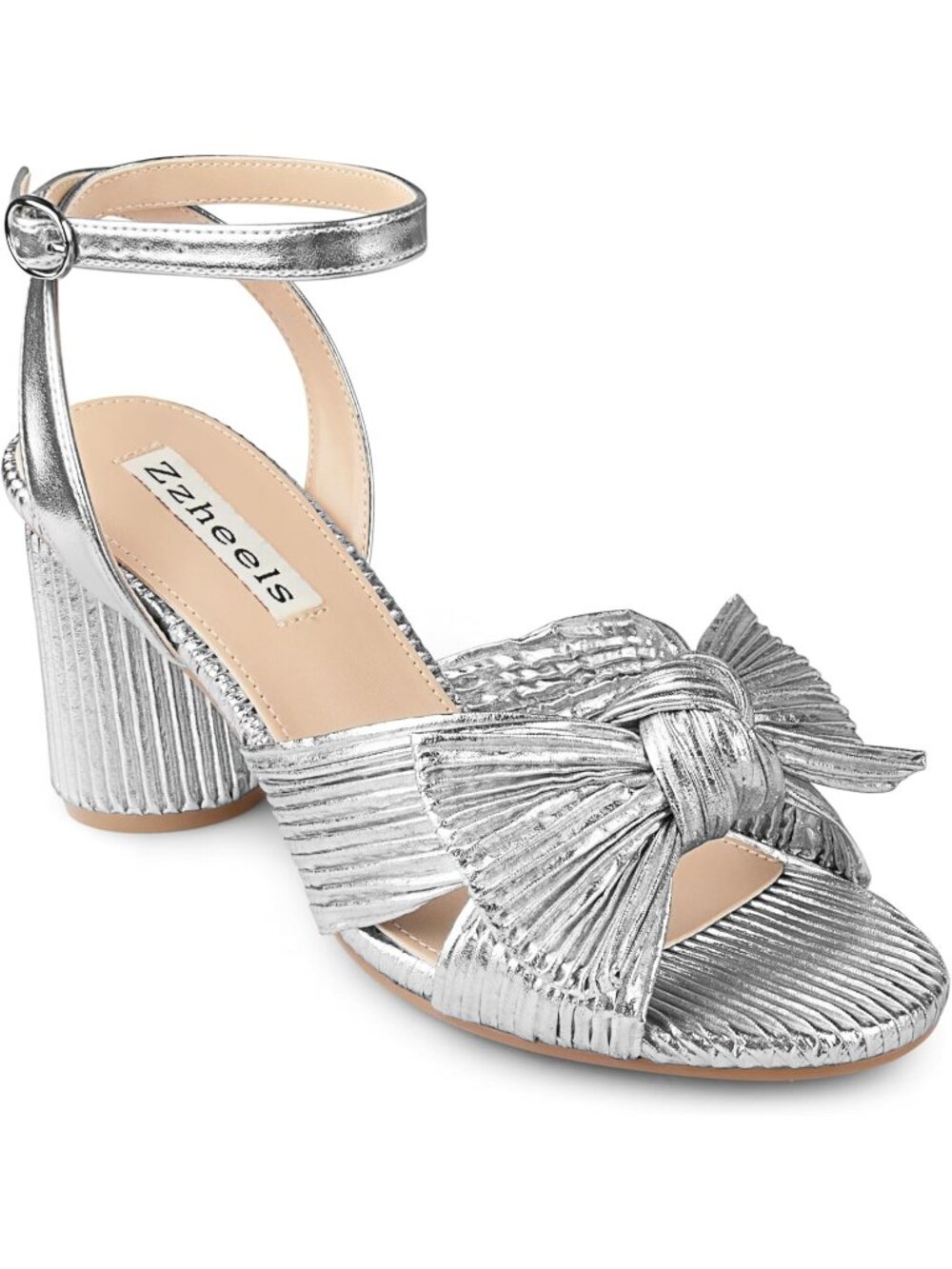 🆕Women's Bright Silver Bow Heels Ankle Strap Block Heel Sandals Wedding Shoes